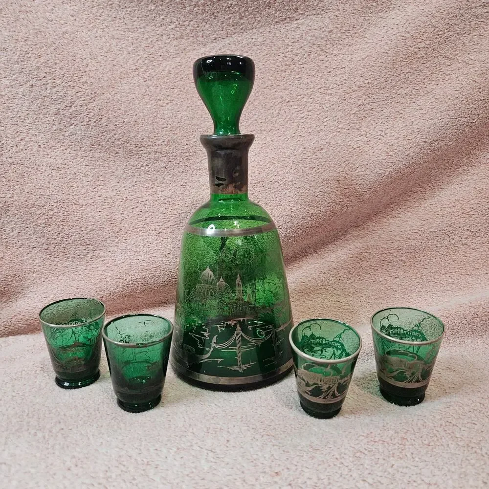 Vintage Venetian Emerald Green Glass Decanter Set w/ Silver Overlay & 4 Glasses